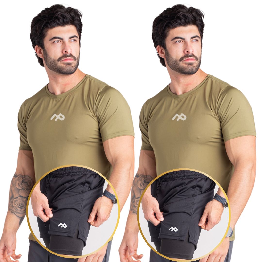 Kit 4 Peças 2 Camisetas dry fit UV 50 + 2 Shorts dry fit de Compressão 2x1