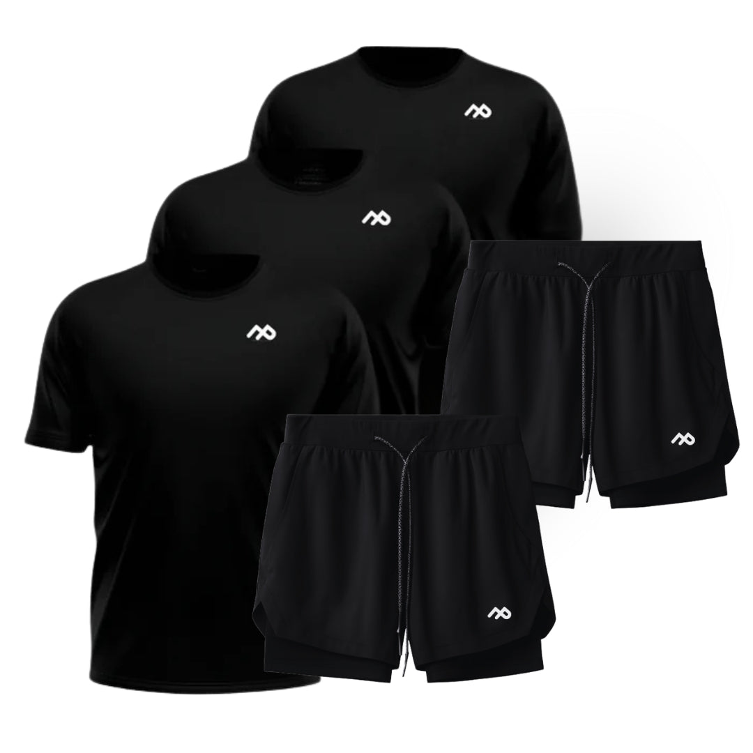 Mega Kit 3 Camisetas Pretas UV50 + 2 Shorts Dry Fit Pretas