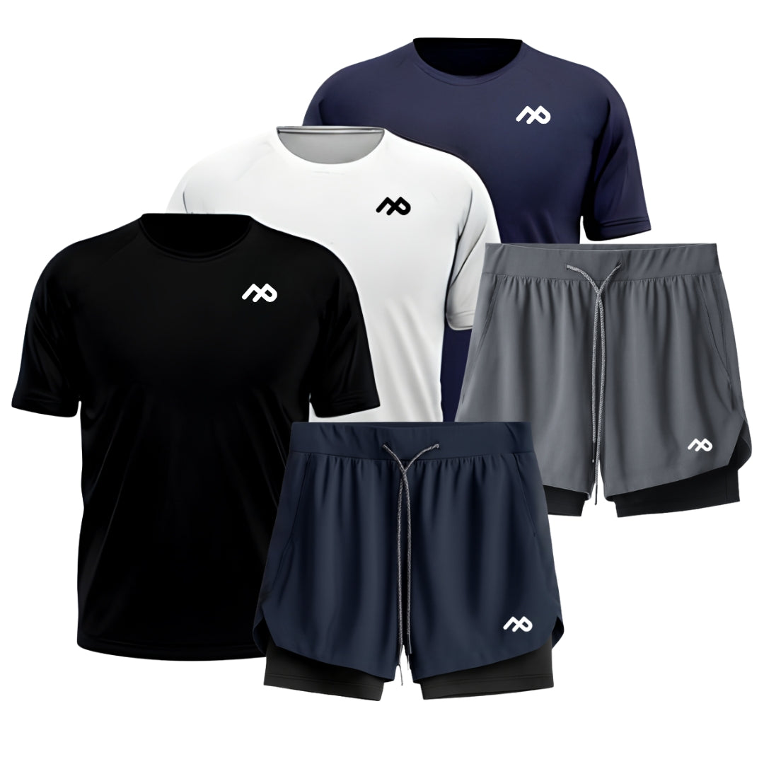 Mega Kit 3 Camisetas UV50 + 2 Shorts Dry-Fit Pro