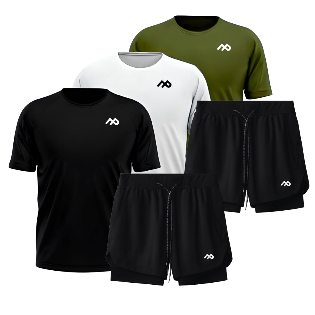 Mega Kit 3 Camisetas UV50 + 2 Shorts Dry-Fit
